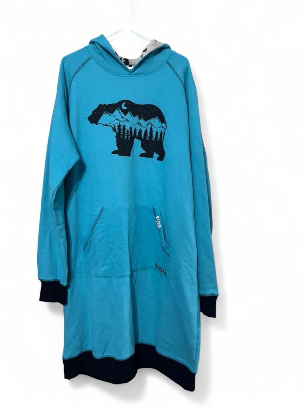 Lazy One Teal Hooded Tunic with Black Bear Graphic